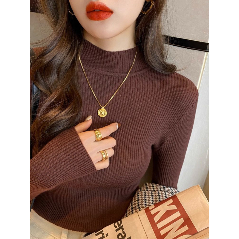 봄과 가을 반 높이 칼라 미드 넥 스웨터 슬림 핏 타이트 가을 및 겨울 외국식 내부 탑베이스 니트 스웨터 여성 온라인