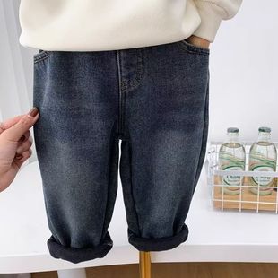 Boys' Autumn and Winter Integrated Velvet Jeans Winter Pants Children's All-match Trendy Winter fleece-lined 2024 New
