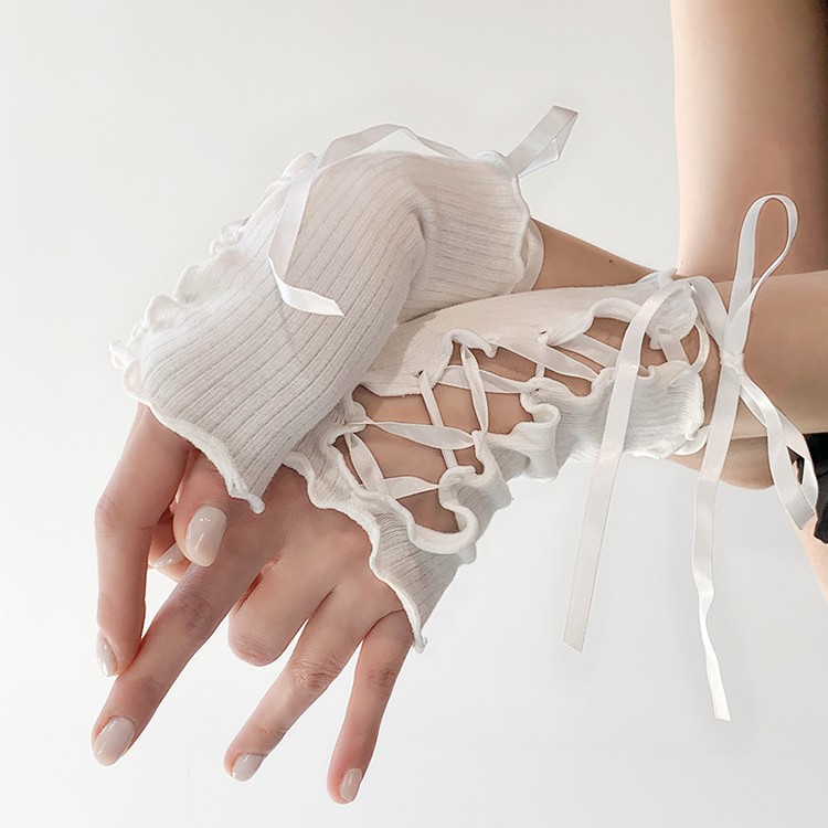 Ballet Style Y2K Lolita Gloves White Lace Sleeves Women's Thin Summer Sun Protection Sexy Straps Long Fingerless