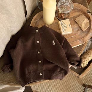 Autumn 2024 New Children's Western Style Sweater for Boys and Girls Solid Color Embroidered Knitted Cardigan Baby's Short Wool Jacket