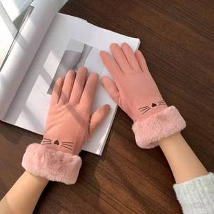Gloves Women's Touch Screen Winter Warm Thickened Cute Ins Winter Korean Style Cycling Windproof Cold-proof fleece-lined Five-finger Cycling