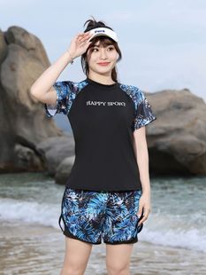 Split Swimsuit Female Chubby Sister Two-piece Set plus size Sports Short-sleeved Fashionable Printed Belly Covering Conservative Slimming Swimsuit