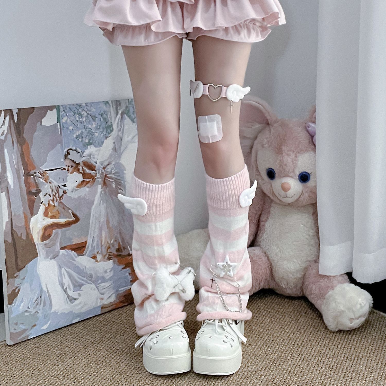 Original Y2K Subculture Aqua Blue and White Striped Bell-Shaped Leg Warmers Japanese Style Harajuku Slouch Socks