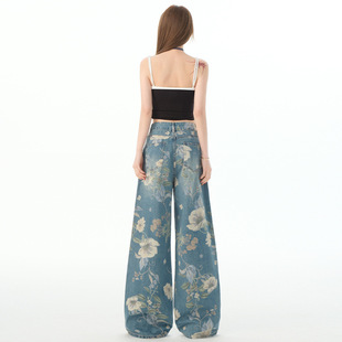 American Style Vintage Printed 2025 Summer New Loose Slimming Wide Leg Jeans Women & Long Pants Chenille