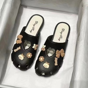 Summer slippers women's popular hole bow toe cap outer wear thick bottom cute princess style non-slip beach sandals