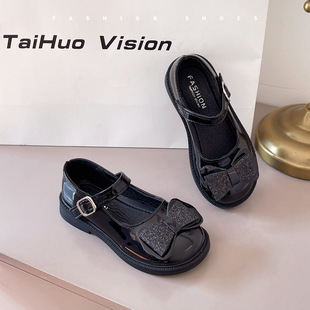 Girls Small Leather Shoes 2024 Spring and Autumn Black Leather Shoes Princess Shoes Black Baby Girls Single Shoes Butterfly Women British Style