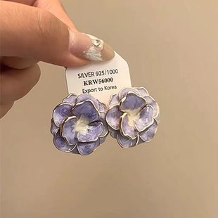 French Retro Lilac Drop Glaze Flower Earrings Women's Spring and Summer New Artistic Camellia Earrings Earrings