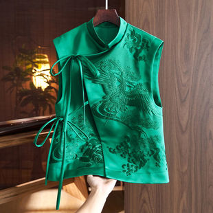 Chinese Vest Coat Women's Spring and Summer New National Fashion Retro Heavy Industry White Stork Embroidered Lace-up Chinese Style Vest Top