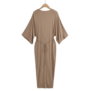 Autumn 2024 New Spice Girl Bat Sleeve dress Women's Elegant Sexy Pure V-neck Front Split Hip Dress