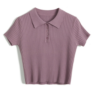 Excellent Wool, Navel-baring "small Waist", polo Collar High-waisted Knitted Short-sleeved Women's Slim Short Top Spring