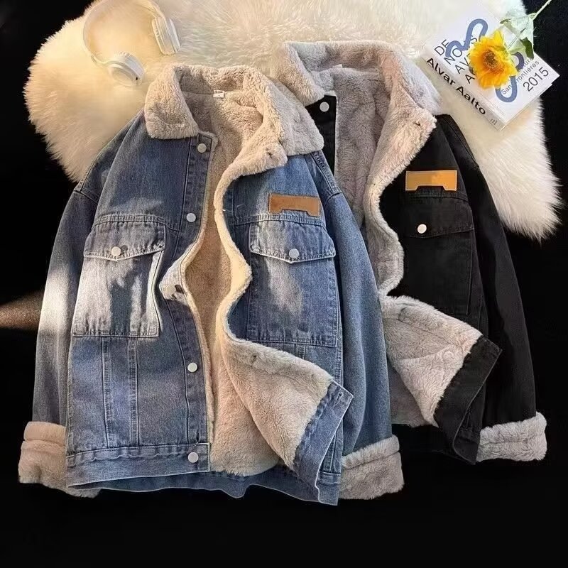기모 두꺼운 데님 재킷 남자 가을 겨울 새로운 도착 Lambskin 남자 캐주얼 재킷 따뜻한 코튼 재킷
