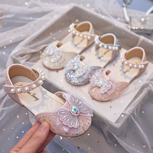 Girls Princess Shoes 2024 New Spring and Autumn Children's Sandals Crystal Shoes Baotou Girls Small Leather Shoes Summer