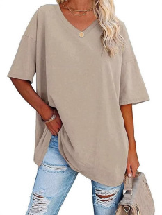 2024 Amazon Cross-border Spring and Summer New Products Europe and America Loose Half Sleeve V-neck Contrast plus size T-shirt Women's Top