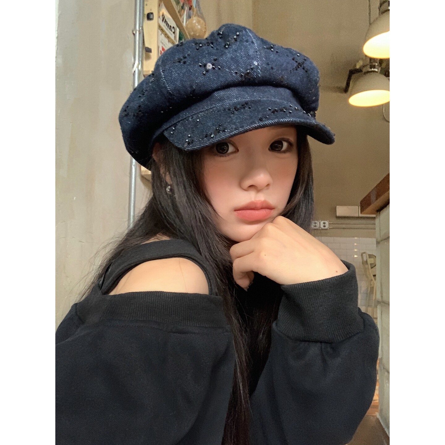 The fit is perfect~ High-quality sequined dark denim newsboy cap for women, versatile and face-slimming