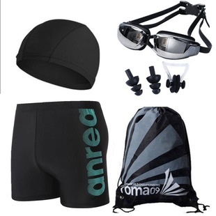 Free shipping adult men's swimming trunks suit swimming cap swimming goggles myopia boxer plus size swimming suit hot spring 5 pieces equipment