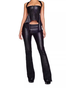 European and American Cross-border Wholesale Independent Station Supply Fashionable High-waisted Belly-controlling Elastic Slimming Look Imitation Leather Sports Yoga Pants