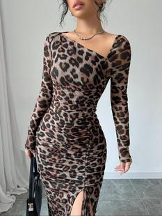 Cross-border Europe and America Amazon New Women's Crewneck Long Sleeve Sexy Leopard Print High Waist Elegant Spice dress