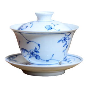 Underglaze hand-painted cover bowl simple and elegant tea bowl three-piece Cover bowl non-scald high-end kung fu tea blue and white ceramic tea brewing cover Bowl