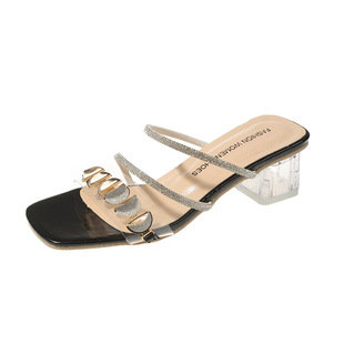 Slippers Women's Summer Outfit 2023 New Cyber Celebrity Rhinestone Shoes Fashionable Thick Heel High Heel Mid Heel Slippers for Women