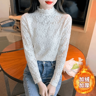 0226 fleece-lined Thickened Foreign-style Inner Top Women's Warm All-match Small Shirt Autumn and Winter New Lace Base Shirt for Women