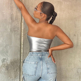 Cross-border European and American Women's 2024 New Lapel Tube Top PU Leather Fishbone Sexy Cardigan Zipper Top Small Vest