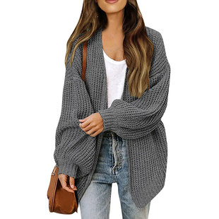 Amazon foreign trade women's 2024 autumn and winter new lantern sleeve sweater women's coat coarse wool pocket knitted cardigan