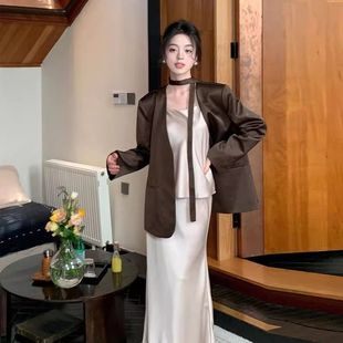 Original High-end Elegant Satin Suit Women's Spring and Autumn Fashion Draped All-match Commuting Loose Slim Jacket