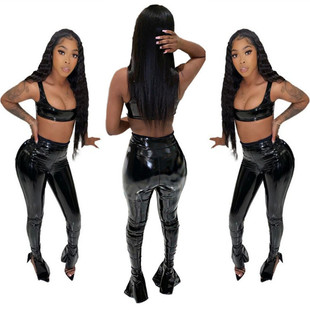 AliExpress European and American Women's Temperament Commuter Simple Personality Slim Fit Fashion Leather Pants Set 2021 Amazon