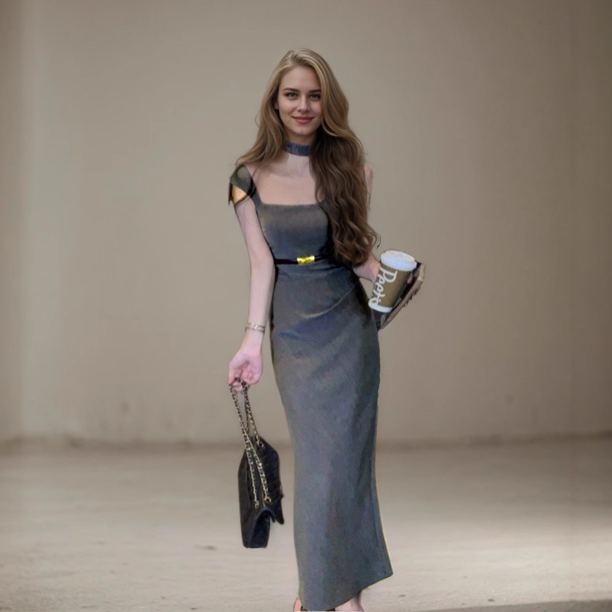 2025 New Style Waist-Cinching Cross-Border High-End Gray High-Waisted Dress, Feminine Slimming Look Slit Hip Skirt