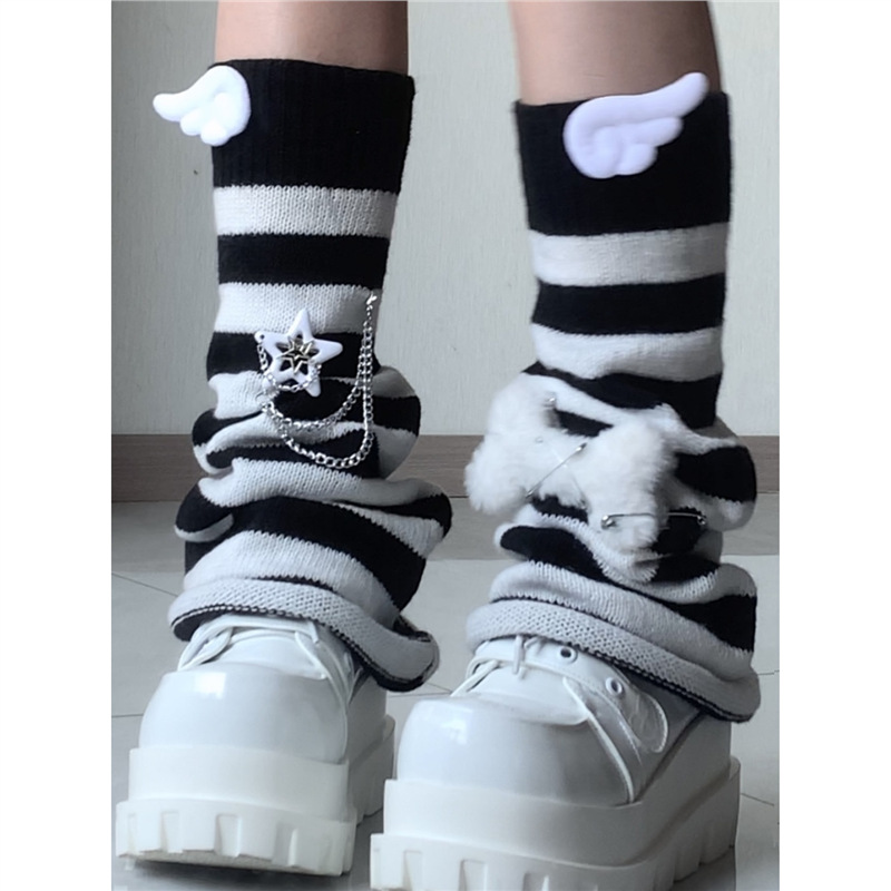 Original Y2K Subculture Aqua Blue and White Striped Flared Leg Warmers Japanese Style Harajuku Slouch Socks