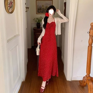 Floral Dress Red dress Women's Clothing Summer New Hot Girl A- line Dress Slip Dress Seaside Long Dress