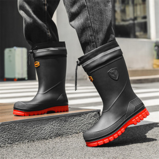 Men's Bundle fleece-lined Rain Boots Fashionable Medium Thick Bottom Kitchen Car Wash Fishing Work Shoes Waterproof Anti-slip Rubber Shoe Cover
