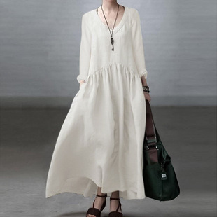 Women's 2023 Spring and Autumn Fashion Long-sleeved V-neck Elegant Vestigational Dress Women's Casual Solid Color Loose Long dress