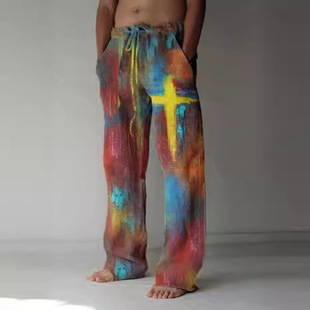Cross-border AliExpress Amazon Explosions Men's Pants 3D Digital Printing Comfortable Linen Wide Leg Pants Breathable