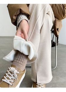 Herringbone fleece-lined 2024 Pants Women's Autumn and Winter New Woolen Split Pants Straight Thickened Banana Leg Pants Casual Women