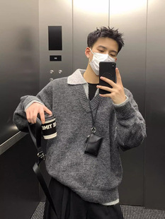 Korean Style Retro Fake Two-piece Polo Neck Sweater Men's 2024 Autumn and Winter New Loose Warm Casual Sweater Top