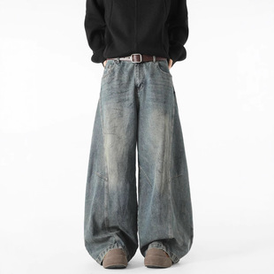 2025 American Retro Scimitar Jeans Men's Spring and Autumn Trendy Brand Street Loose Washed Straight Leg Wide Leg Pants