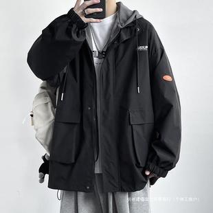 Teenagers Fake Two-piece Work Coat Men's Spring and Autumn Fashion Brand Rushwork Coat Handsome Hooded Spring Jacket for Middle School Students