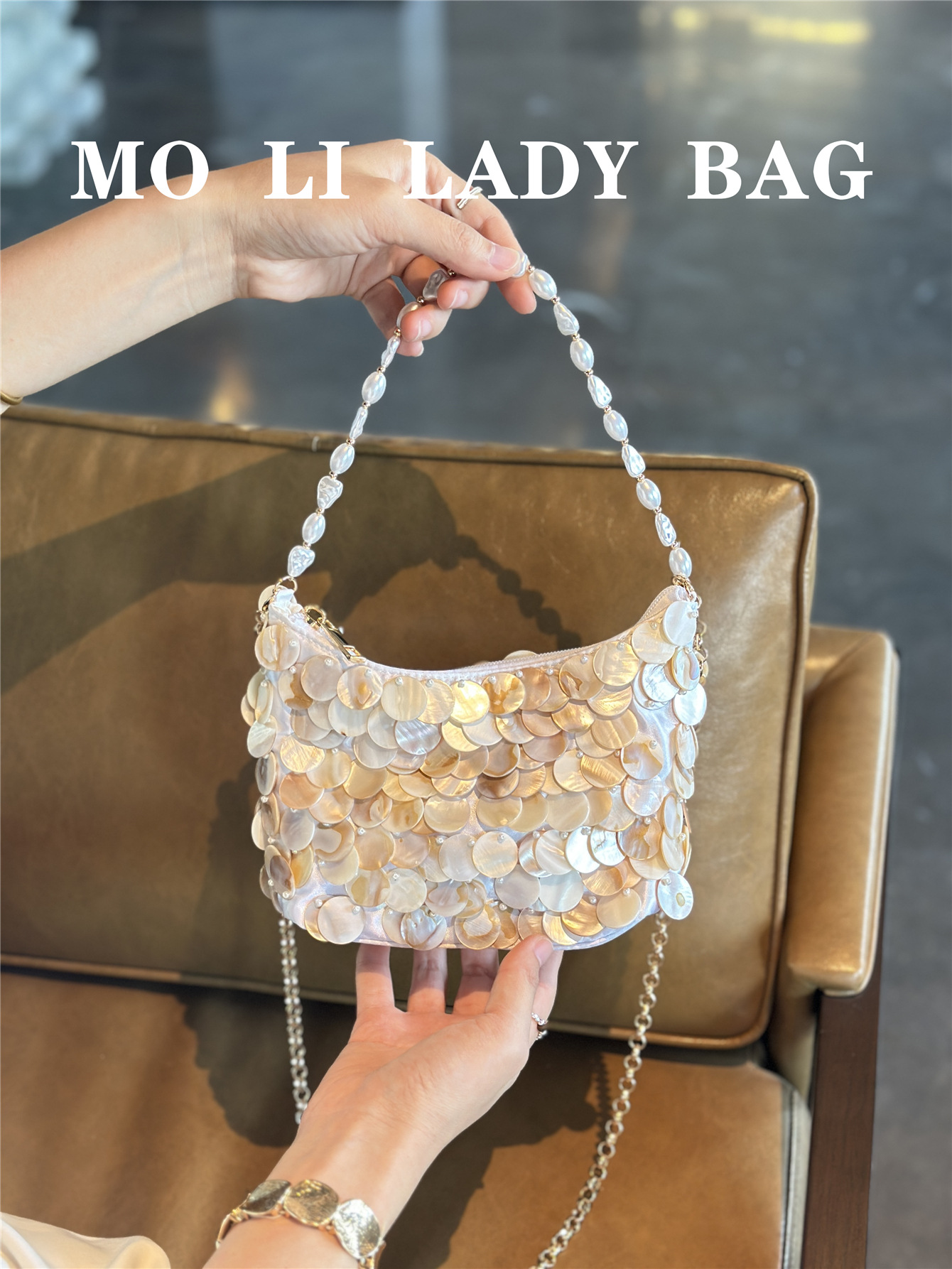 2026 French Retro Fish Scale Sequined Shell Dumpling Bag with Pearl Chain, Evening Pillow, Underarm Crossbody Bag for Women
