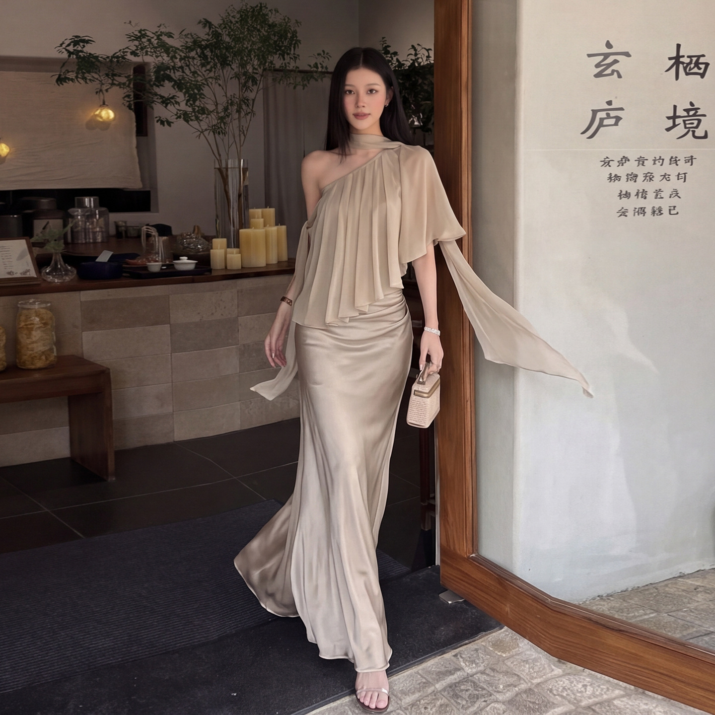 2026 European and American Cross-Border Style High-End Sexy Off-Shoulder Fashion Set with Ruched Waist and Ribbon Design