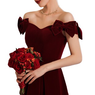 Burgundy Wedding Toasting Dress Bride 2024 New Arrival Engagement Dress Little Man Dress Bow off Shoulder