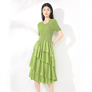 Cross-border Pleated Fashion Handmade Pleated dress Women's High-end Elegant All-match Slimming Solid Color Round Neck Short-sleeved Cake Skirt