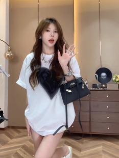 European heavy industry embroidery love long T-shirt short sleeve women's 2024 summer round neck loose foreign style top 7572