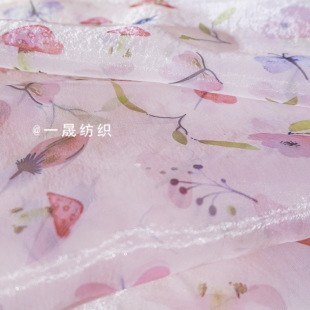 Flower and Bird Mushroom Printed Lily Satin Fabric Breeze Satin Organza Tutu Dress Lolita Hanfu Children's Wear Fabric