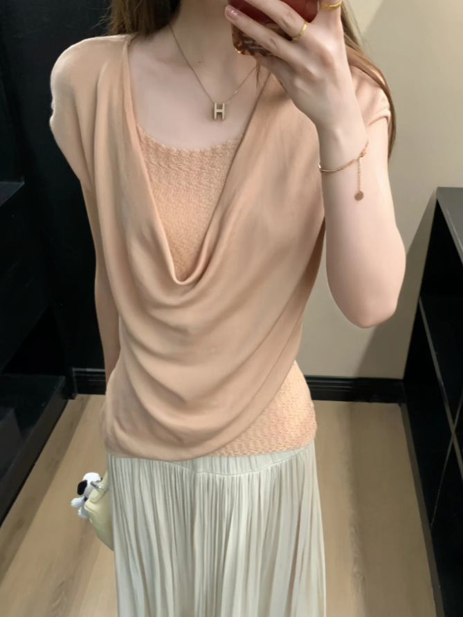 Korean-Style Gentle, Comfortable, Versatile, and Elegant Rose-Patterned Design Patchwork Swing-Neck Blouse for Women, Cotton Swing-Neck Top
