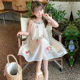 Girl's Dress Summer Mesh New Style Children's Embroidered Strap Dress Girl's Stylish Beach Princess Dress