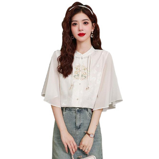 Guofeng Embroidered Shirt with Vertical Collar Improved Hanfu Horse-faced Skirt Matching Top White New Chinese Style Shirt for Women in Summer