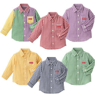 Spot miki Kidsren's Clothing Spring & Fall New Colorful Plaid Lapel Shirt for Boys and Girls Long-sleeved Inner Shirt Shipping