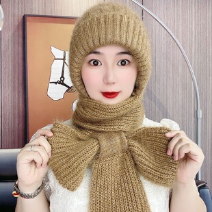 Hat Women's Autumn and Winter Squirrel Velvet Hat Scarf Integrated Snow Hat fleece-lined Wool Hat Buckle Ear Protection Knitted Hat