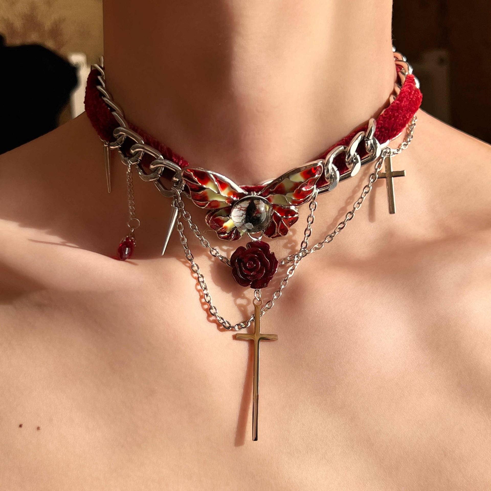 Gothic Style Butterfly Cross Red Velvet Necklace Winding Sweet Cool Spice Choker Niche Clavicle Chain Necklace Chain Q